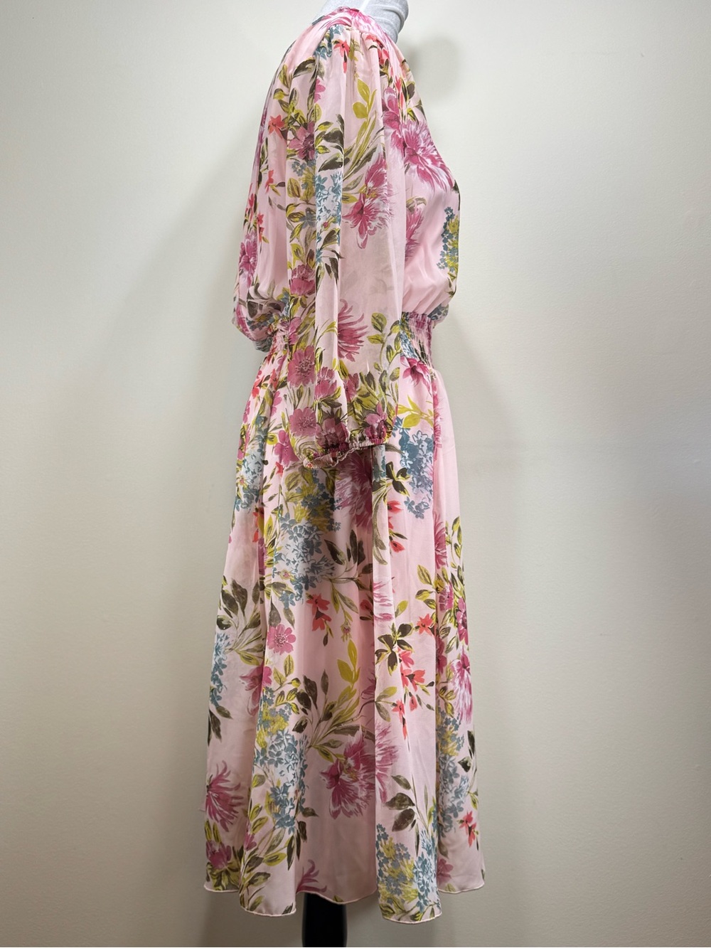 Kate & Lily Pink Floral Watercolor Chiffon Overlay Dress Sheer Sleeves Size 12 - Picture 5 of 11